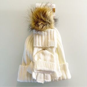 NWT Calvin Klein Knit Beanie and Gloves / Mittens Set with Faux Fur Pom Pom